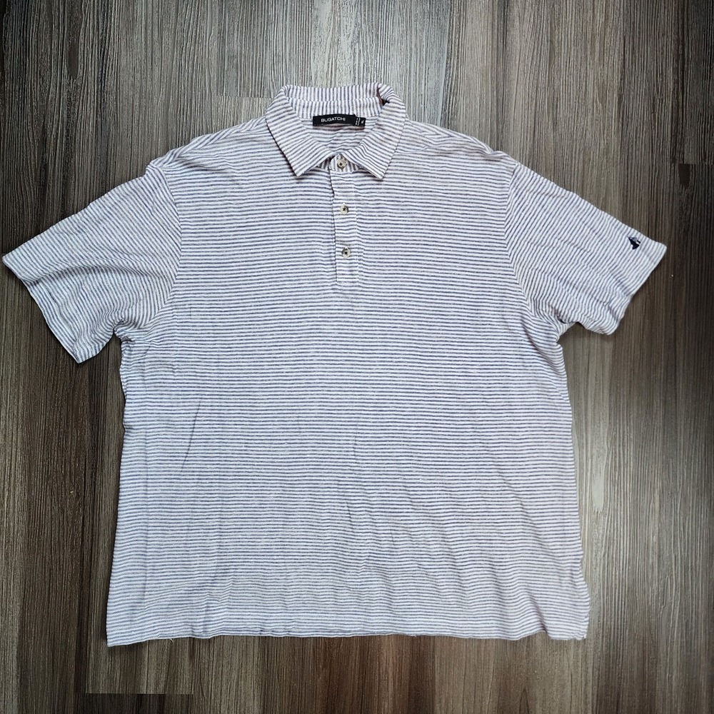 Bugatchi Polo Shirt Mens XL Blue Striped Bay Golf Casual Preppy Short Sleeve